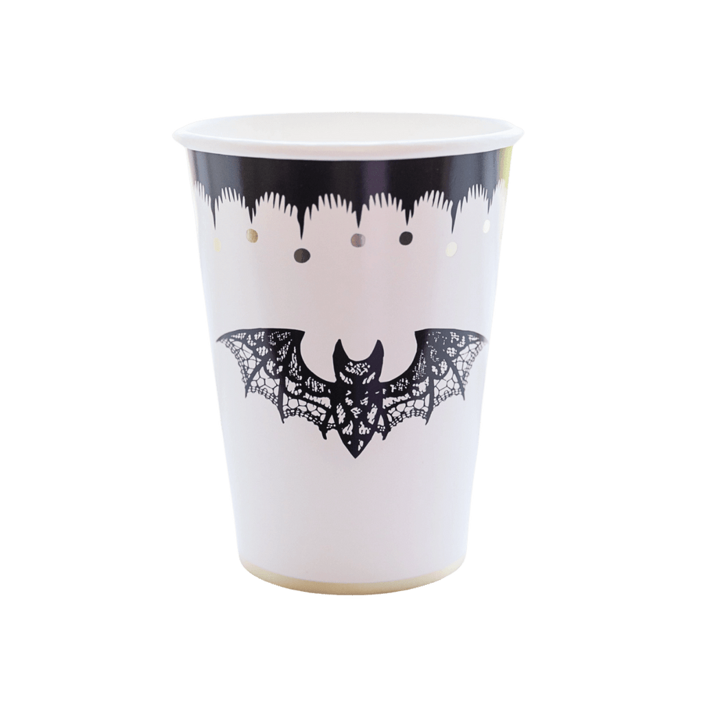 White Halloween paper cup with black lace bat design spooky theme from Parte Haus party supply store in Bethesda MD