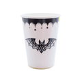 White Halloween paper cup with black lace bat design spooky theme from Parte Haus party supply store in Bethesda MD