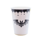 White Halloween paper cup with black lace bat design spooky theme from Parte Haus party supply store in Bethesda MD