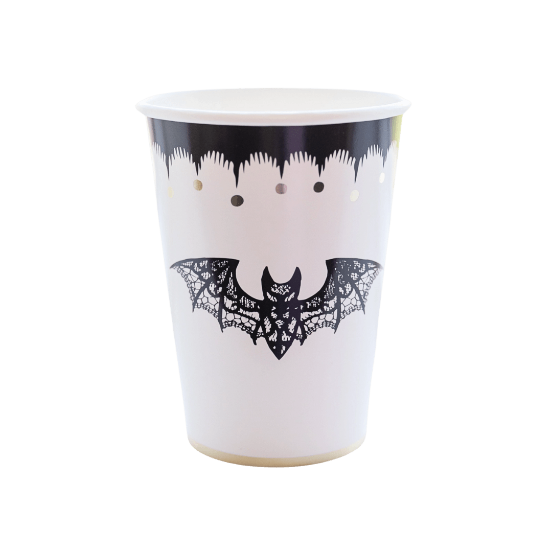 White Halloween paper cup with black lace bat design spooky theme from Parte Haus party supply store in Bethesda MD