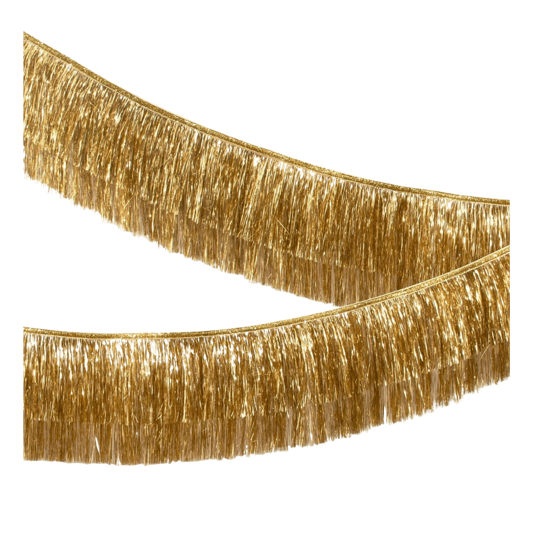 gold metallic fringe garland with shiny tinsel look for celebration from Parte Haus party supply store in Bethesda MD