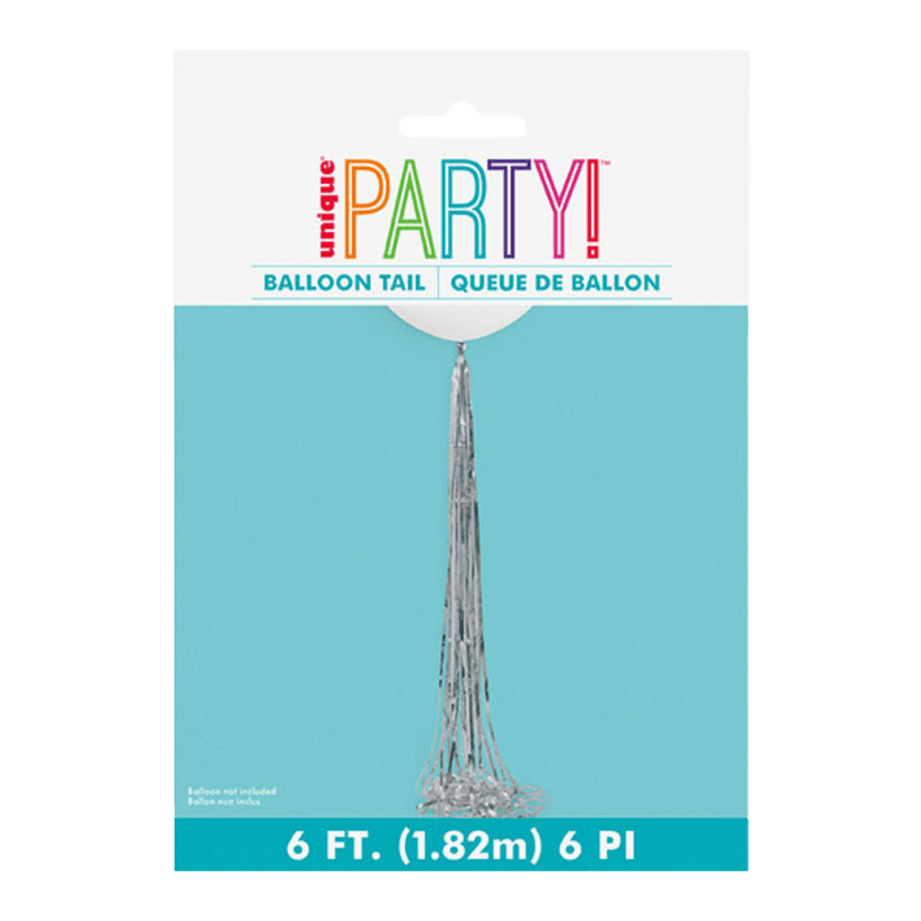 Silver balloon tail metallic tassel decor for celebrations from Parte Haus party supply store in Bethesda MD