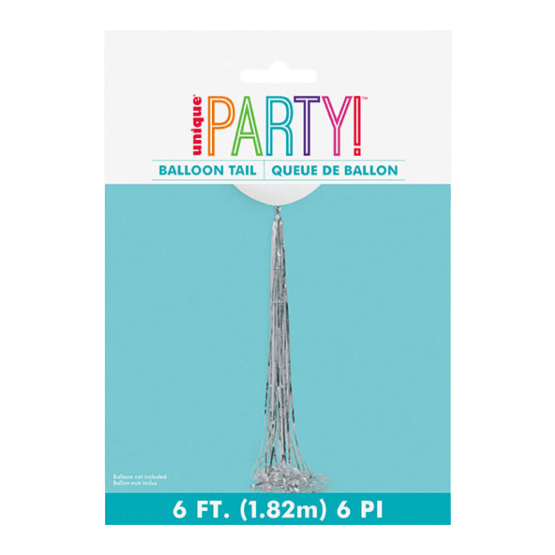 Silver balloon tail metallic tassel decor for celebrations from Parte Haus party supply store in Bethesda MD