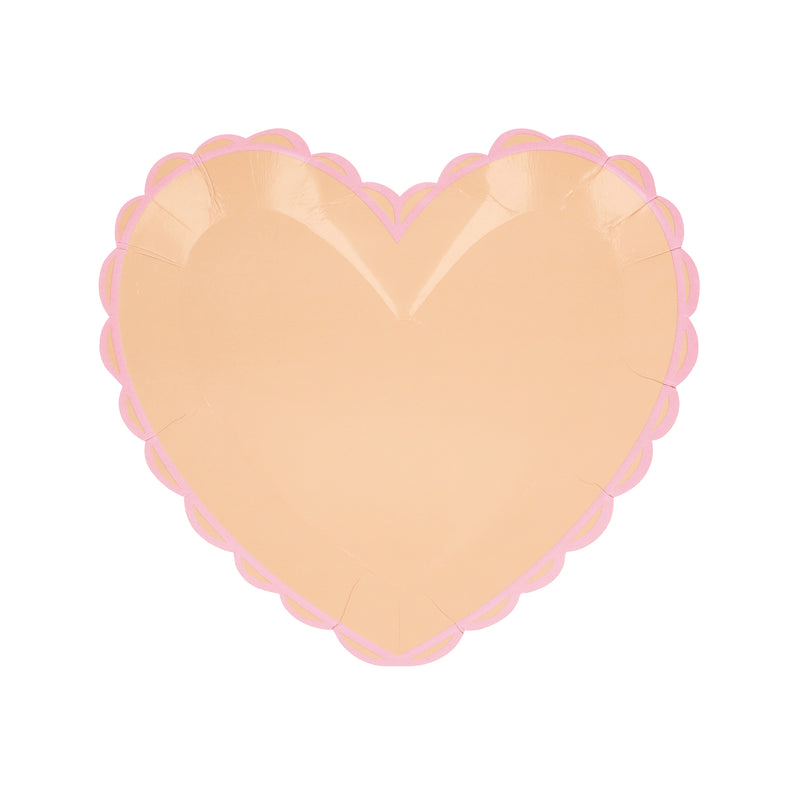 Peach heart shape plate with pink scallop edge for Valentine theme from Parte Haus party supply store in Bethesda MD.