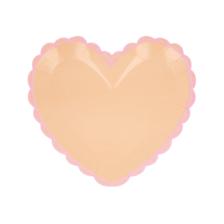 Peach heart shape plate with pink scallop edge for Valentine theme from Parte Haus party supply store in Bethesda MD.
