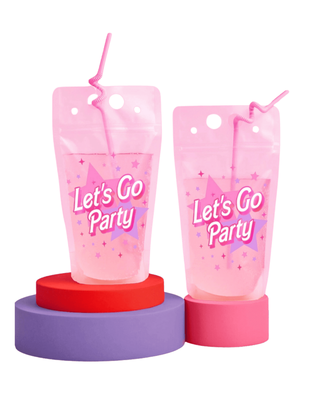 Pink Let's Go Party drink pouch with straw birthday theme from Parte Haus party supply store in Bethesda Maryland.