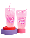 Pink Let's Go Party drink pouch with straw birthday theme from Parte Haus party supply store in Bethesda Maryland.