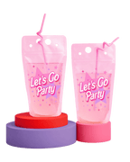 Pink Let's Go Party drink pouch with straw birthday theme from Parte Haus party supply store in Bethesda Maryland.