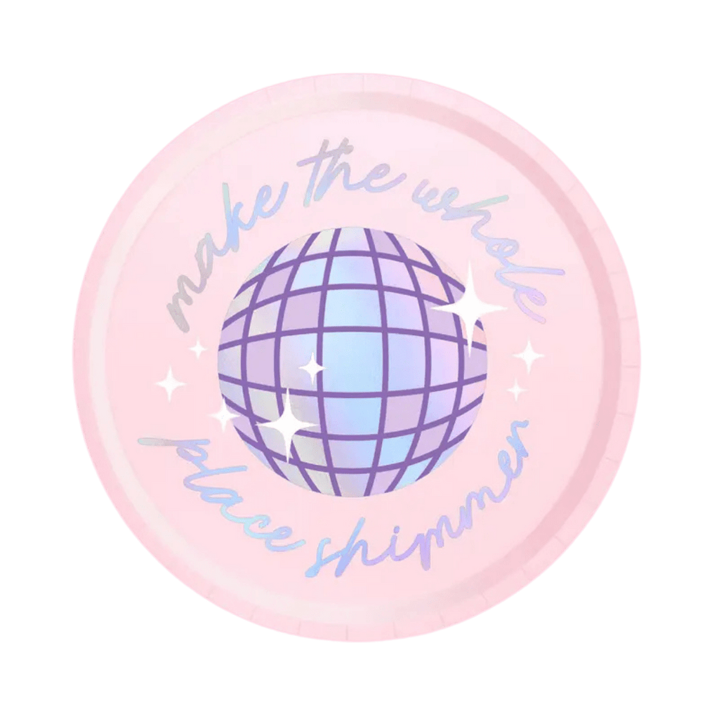 Pink disco plate with holographic ball and shimmer theme from Parte Haus party supply store in Bethesda MD.
