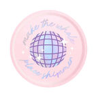 Pink disco plate with holographic ball and shimmer theme from Parte Haus party supply store in Bethesda MD.