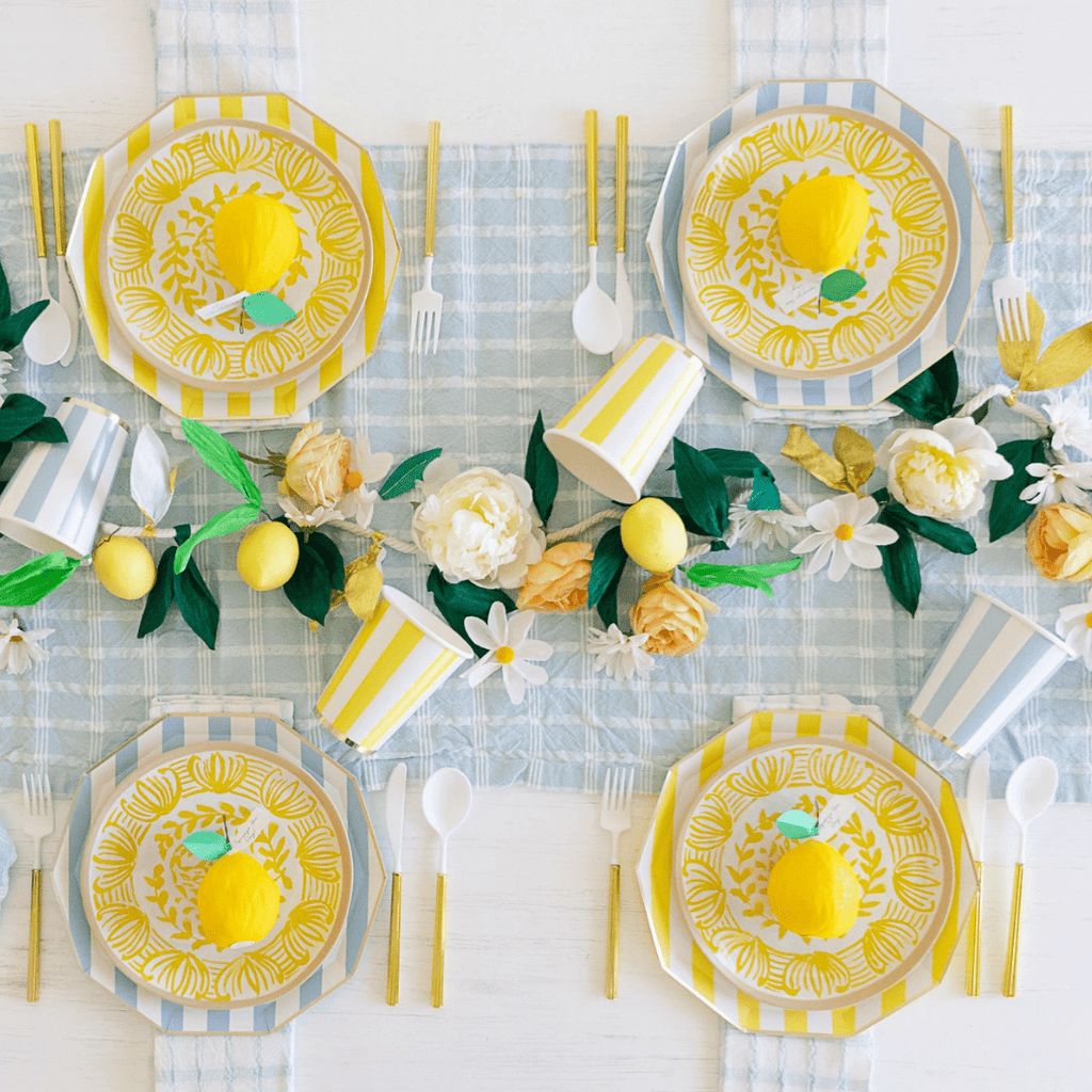 Yellow and blue lemon themed tableware and plates for summer brunch from Parte Haus party supply store in Bethesda MD.