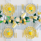 Yellow and blue lemon themed tableware and plates for summer brunch from Parte Haus party supply store in Bethesda MD.