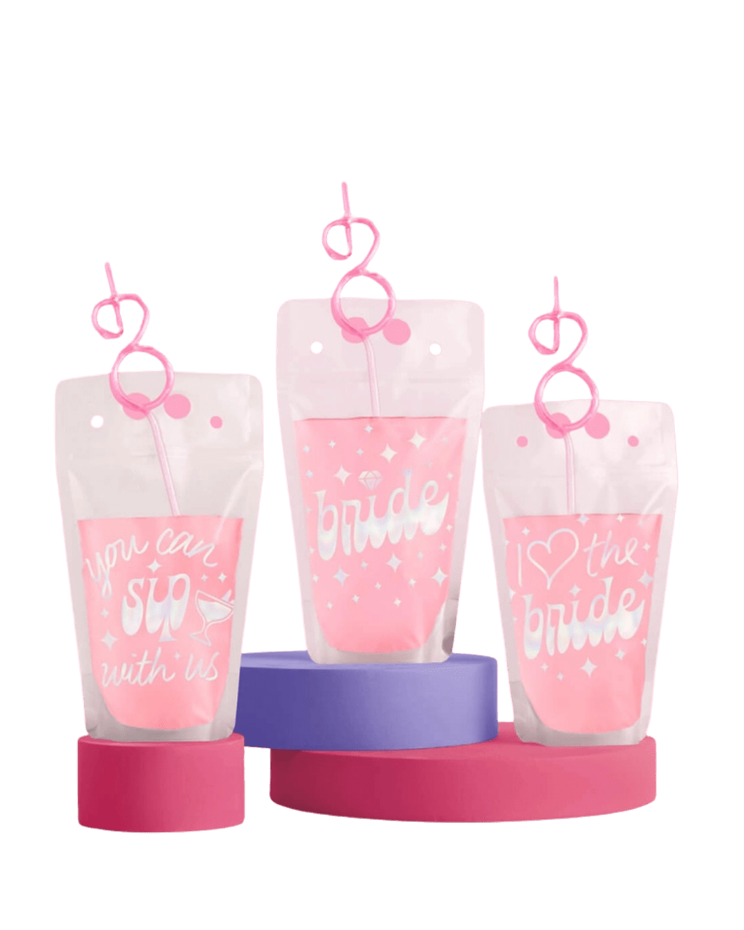 Pink bachelorette drink pouches with bridal sayings for wedding theme from Parte Haus party supply store in Bethesda MD