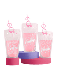 Pink bachelorette drink pouches with bridal sayings for wedding theme from Parte Haus party supply store in Bethesda MD