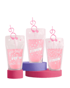 Pink bachelorette drink pouches with bridal sayings for wedding theme from Parte Haus party supply store in Bethesda MD