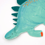 Blue dinosaur shaped paper plate with orange spots kids birthday theme from Parte Haus party supply store in Bethesda Maryland