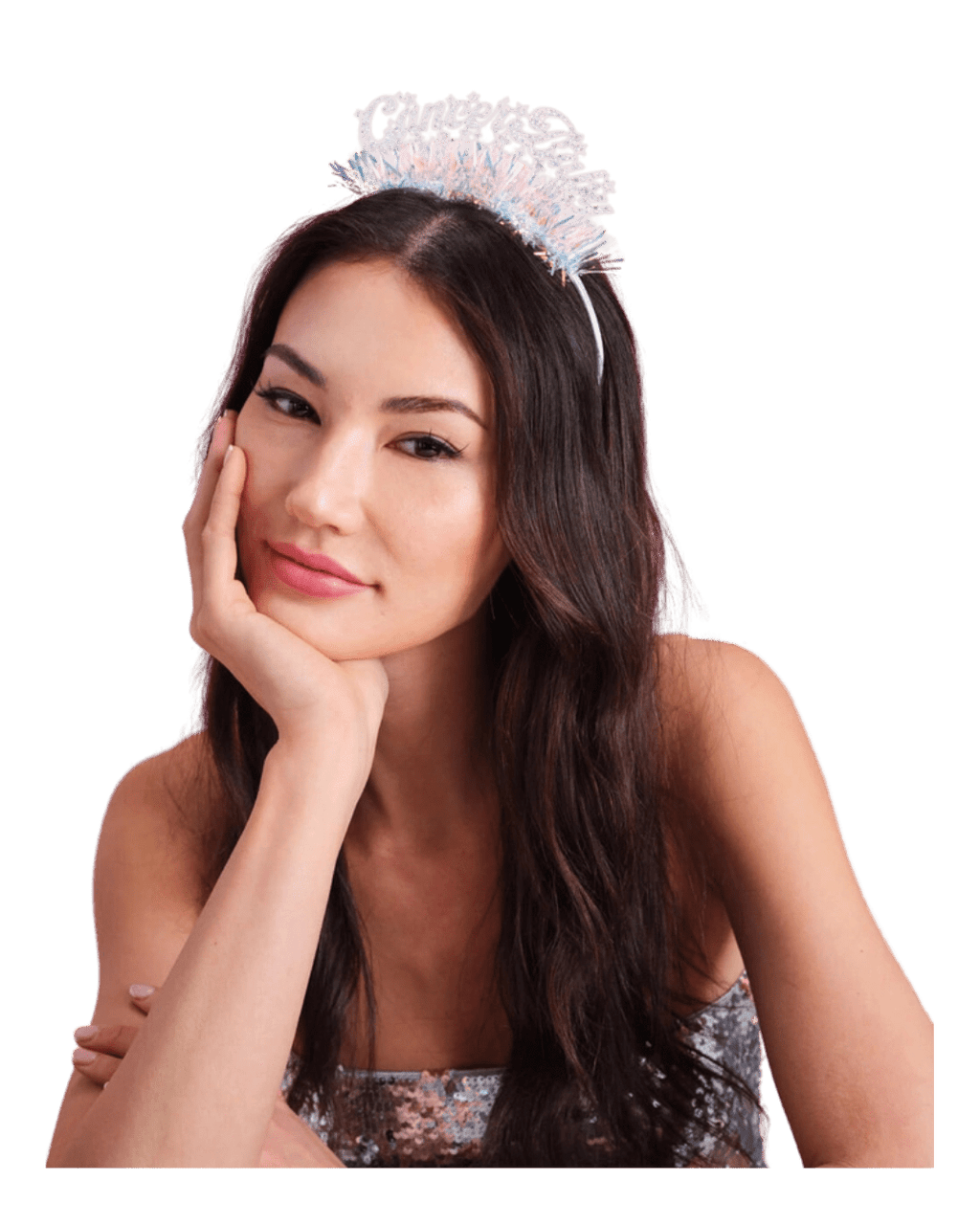Silver New Year tiara with tinsel worn by woman for holiday from Parte Haus party supply store in Bethesda MD