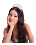 Silver New Year tiara with tinsel worn by woman for holiday from Parte Haus party supply store in Bethesda MD