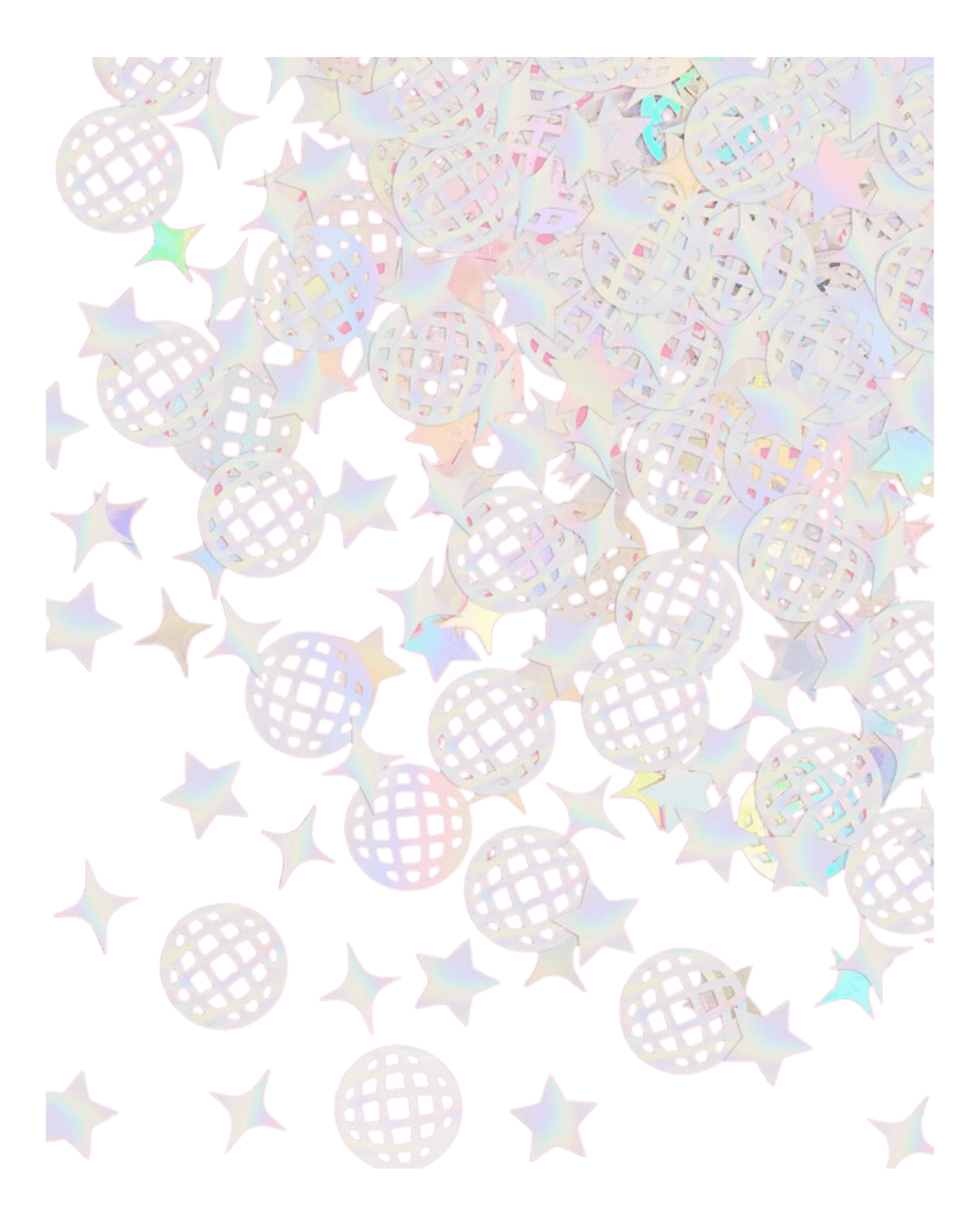 Iridescent confetti stars and disco balls for celebration themes from Parte Haus party supply store in Bethesda MD.