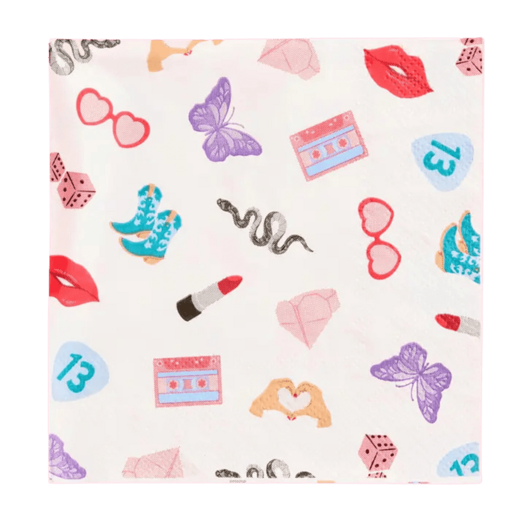Multicolor napkin with fun icons and hearts pop party theme from Parte Haus party supply store in Bethesda MD