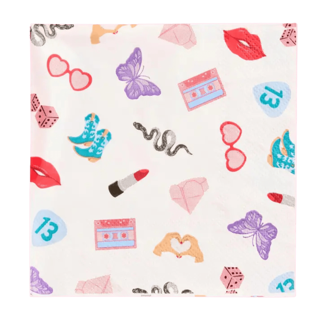 Multicolor napkin with fun icons and hearts pop party theme from Parte Haus party supply store in Bethesda MD
