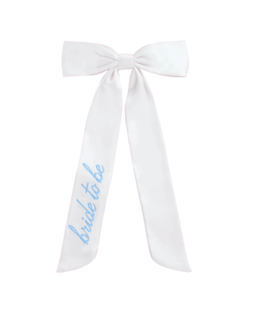 White bow hair accessory with blue bride to be text for bridal shower from Parte Haus party supply store in Bethesda Maryland