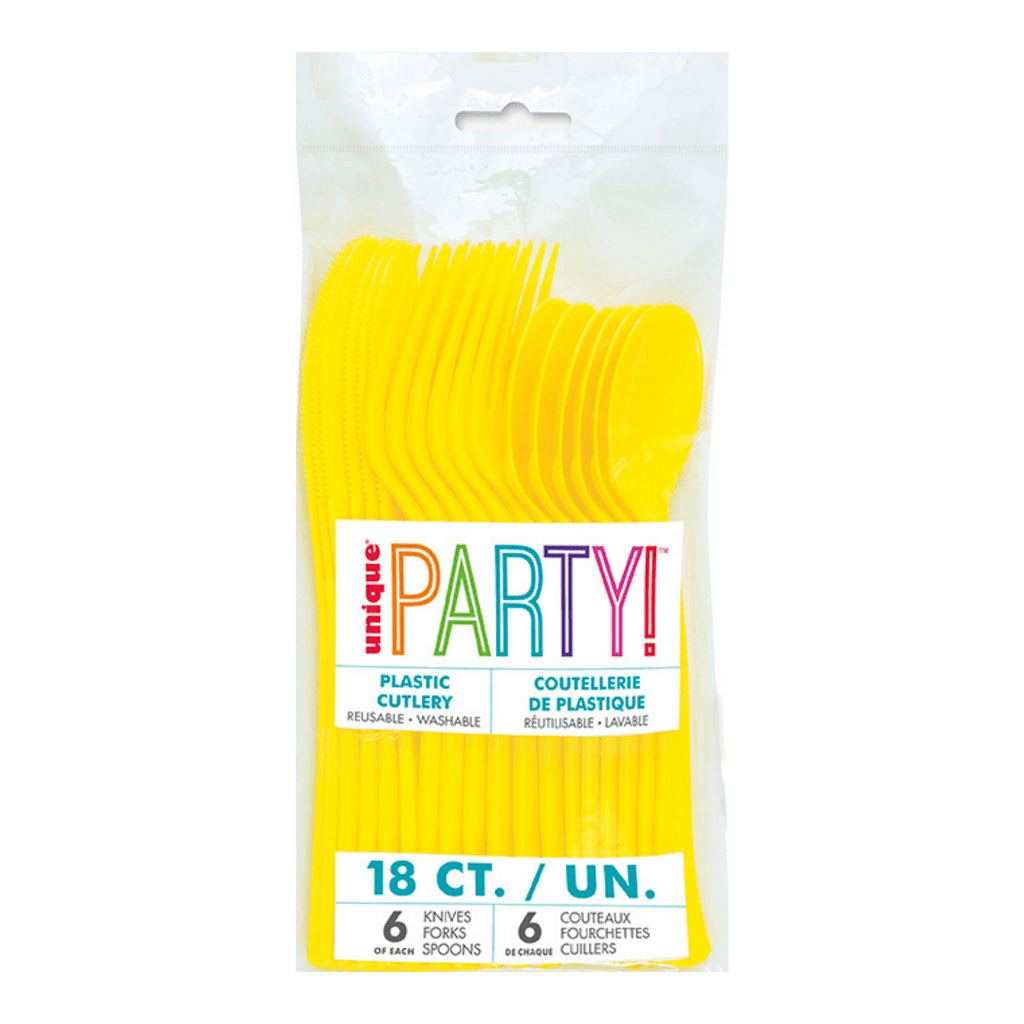 Yellow plastic cutlery set with knives forks and spoons birthday party from Parte Haus party supply store in Bethesda Maryland