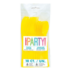 Yellow plastic cutlery set with knives forks and spoons birthday party from Parte Haus party supply store in Bethesda Maryland