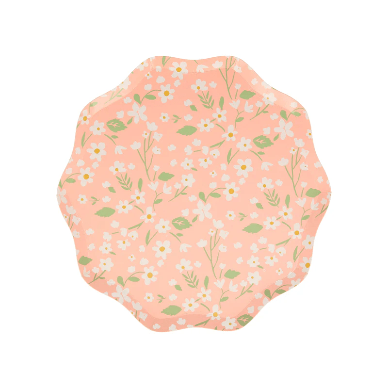 Peach floral scalloped plate spring theme from Parte Haus party supply store in Bethesda Maryland