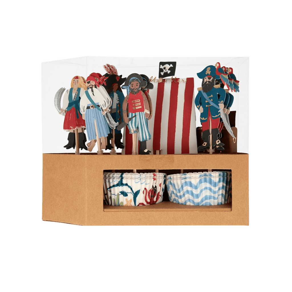 Multicolor pirate cupcake kit with pirate toppers and striped wrappers for kids birthday from Parte Haus party supply store in Bethesda Maryland