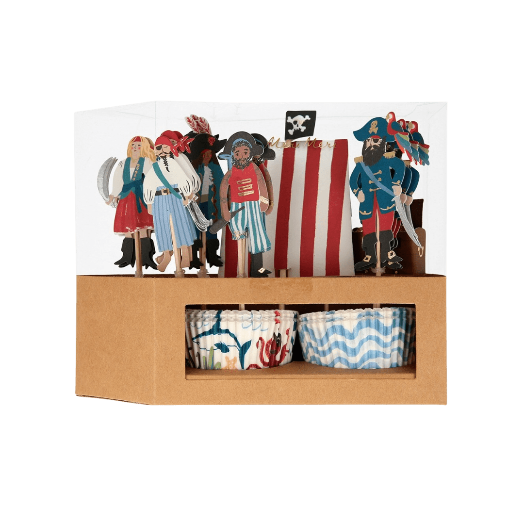 Multicolor pirate cupcake kit with pirate toppers and striped wrappers for kids birthday from Parte Haus party supply store in Bethesda Maryland