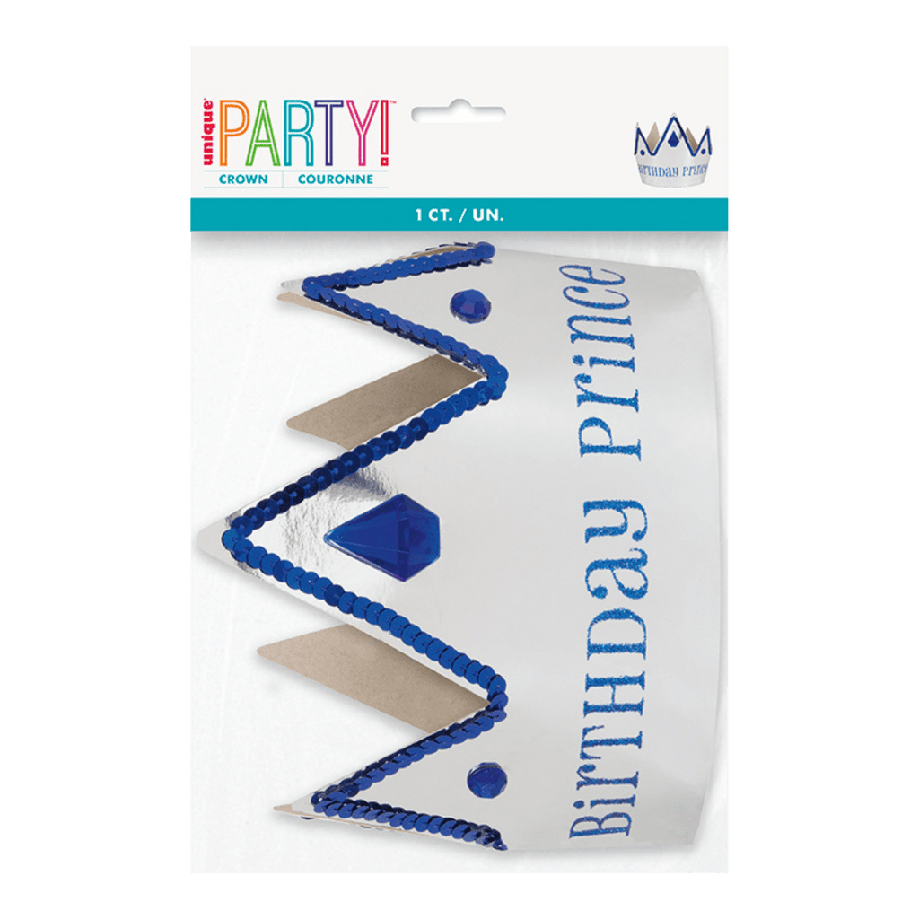 Silver and blue crown with sequins and Birthday Prince text birthday theme from Parte Haus party supply store in Bethesda MD