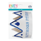 Silver and blue crown with sequins and Birthday Prince text birthday theme from Parte Haus party supply store in Bethesda MD
