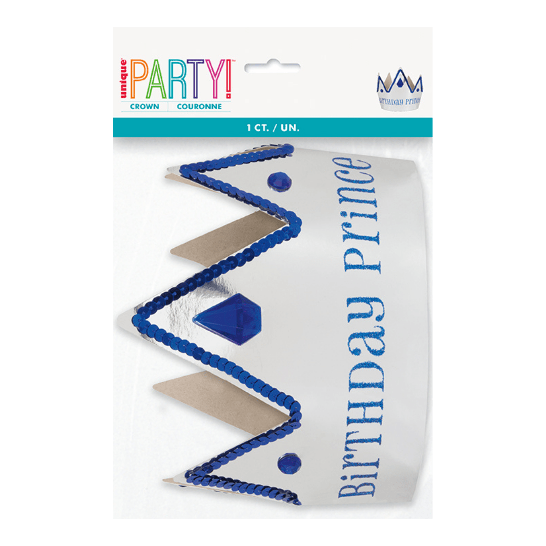 Silver and blue crown with sequins and Birthday Prince text birthday theme from Parte Haus party supply store in Bethesda MD
