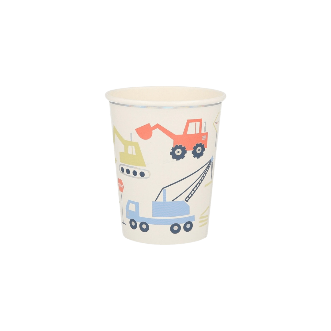 Multicolor construction vehicle paper cup with truck patterns for kids birthday from Parte Haus party supply store in Bethesda Maryland
