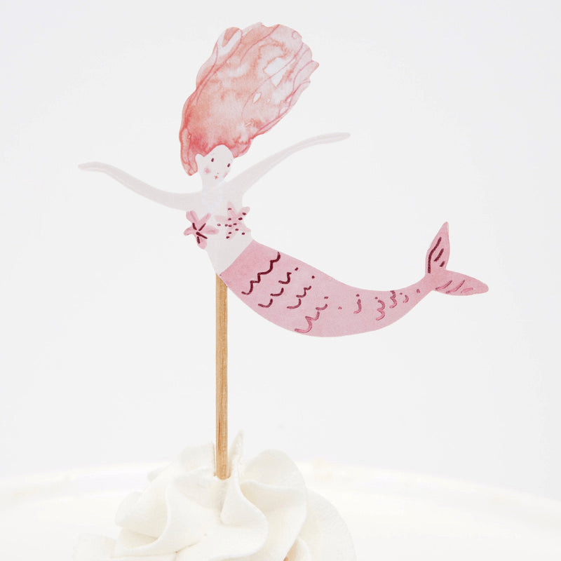 Pink mermaid cake topper with flowing hair kids birthday theme from Parte Haus party supply store in Bethesda Maryland