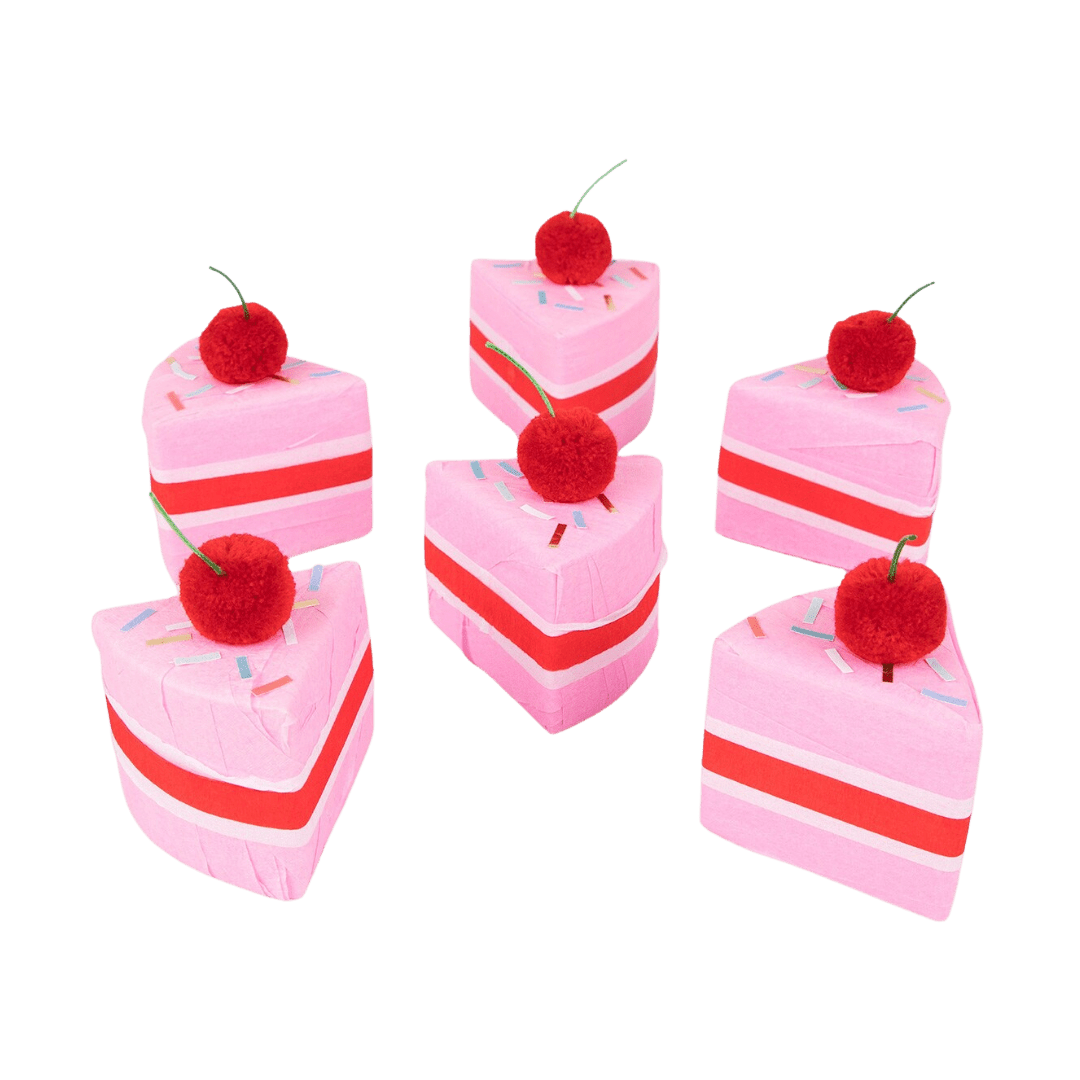 Pink cake slice favor boxes with red cherry toppers birthday theme from Parte Haus party supply store in Bethesda MD