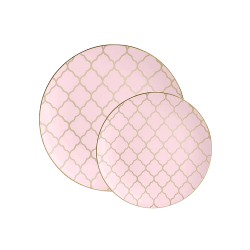 Pink and gold plates with geometric pattern elegant birthday theme from Parte Haus party supply store in Bethesda Maryland