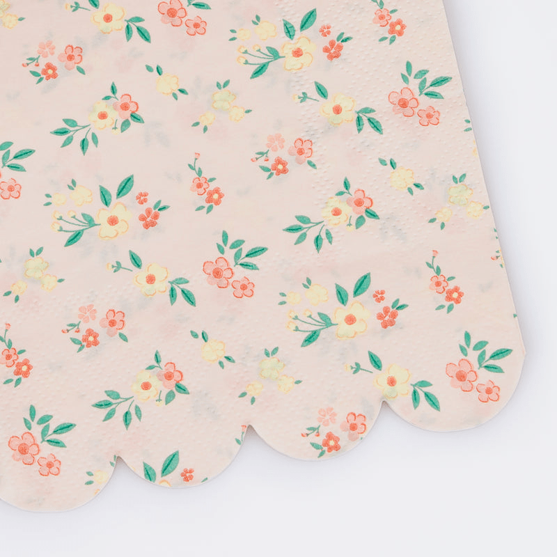 Peach floral napkin with scalloped edge and green leaves for spring occasions from Parte Haus party supply store in Bethesda Maryland