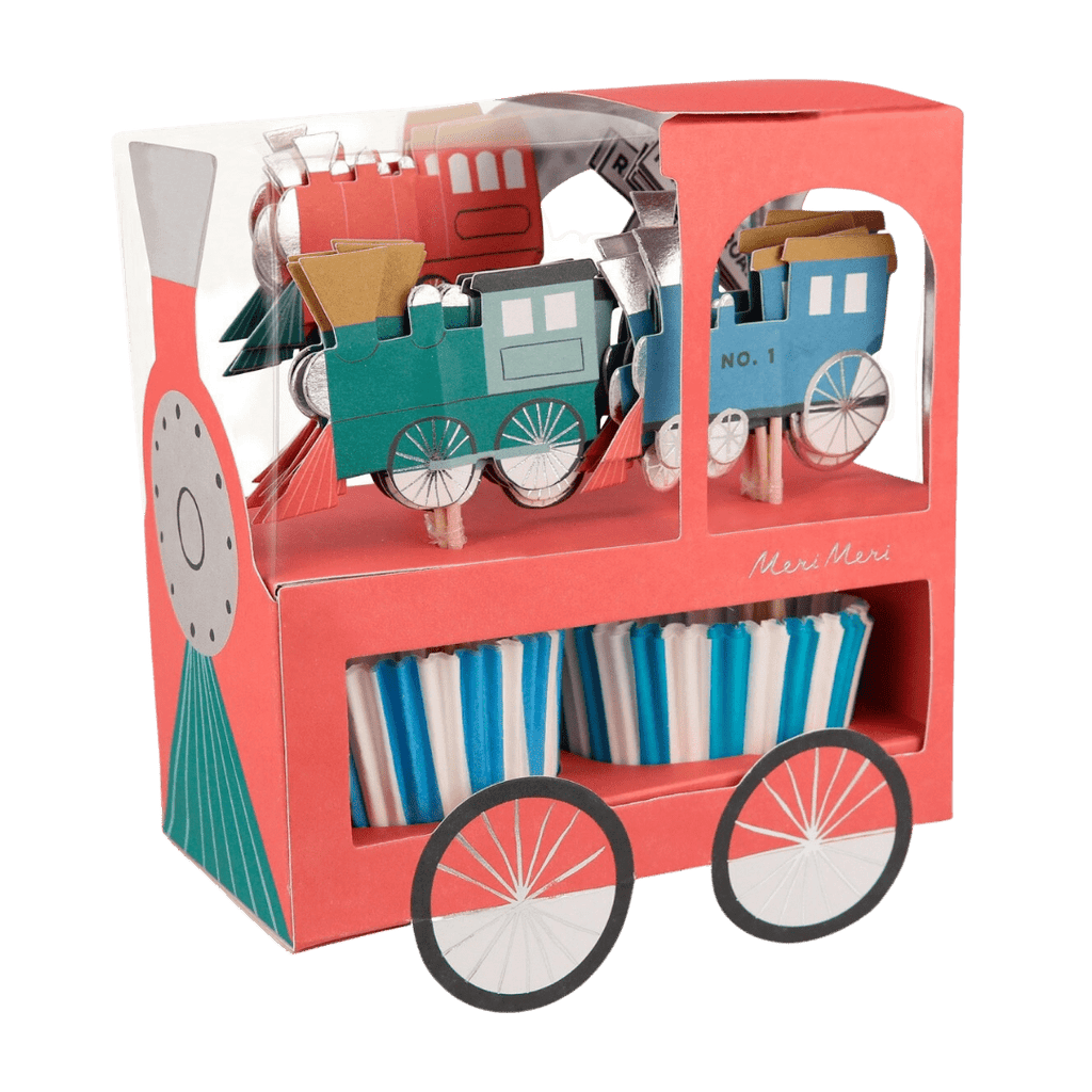 Red blue and white train cupcake kit with train toppers birthday theme from Parte Haus party supply store in Bethesda MD.