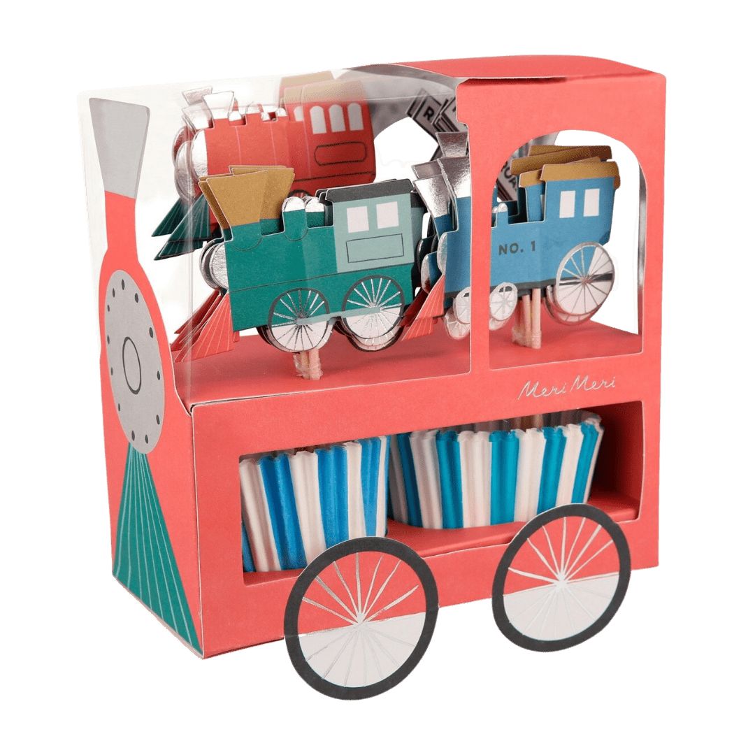 Red blue and white train cupcake kit with train toppers birthday theme from Parte Haus party supply store in Bethesda MD.