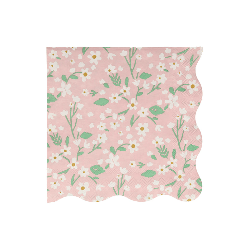 Pink floral napkin with white flowers and green leaves spring theme from Parte Haus party supply store in Bethesda MD.
