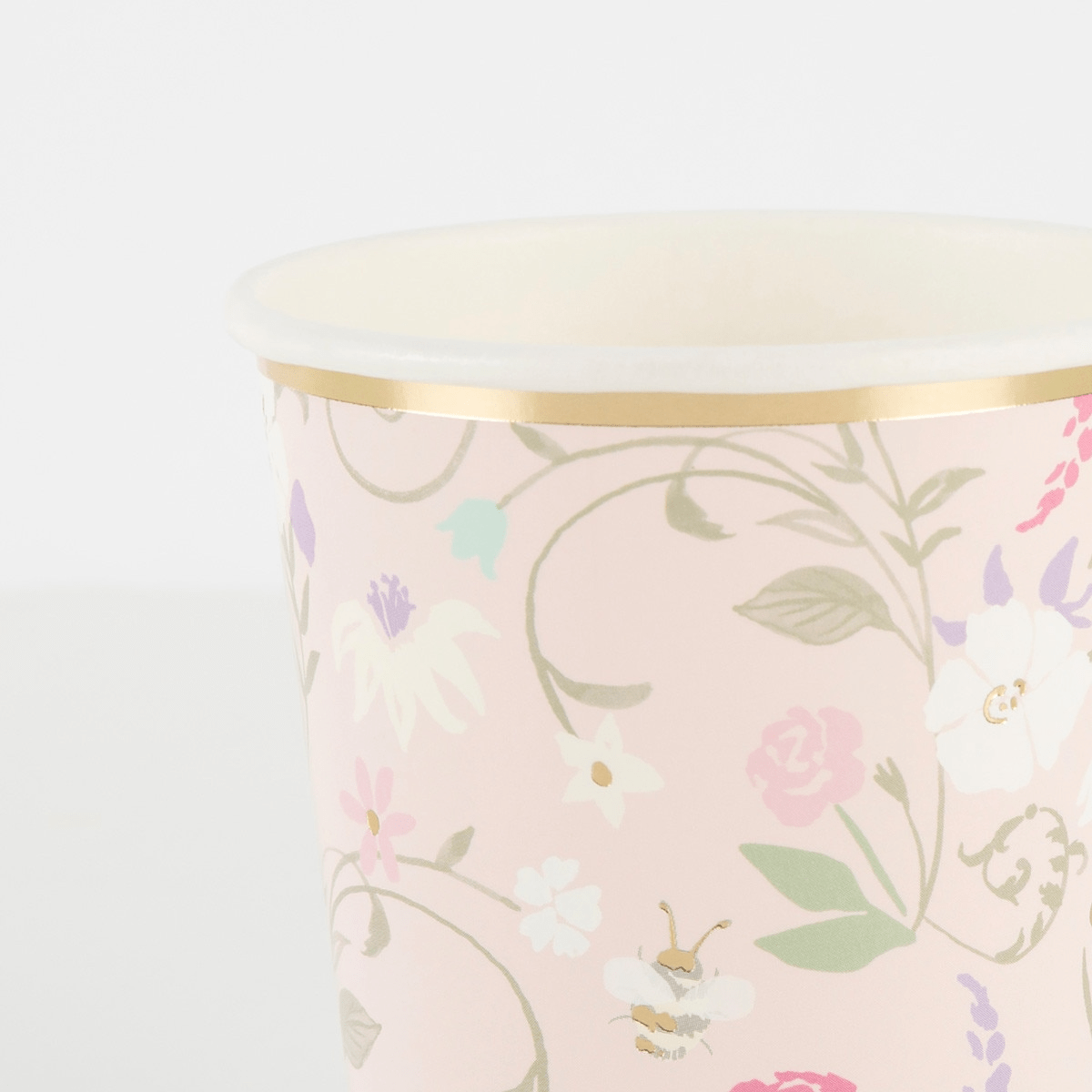 Pink floral paper cup with gold rim spring garden theme from Parte Haus party supply store in Bethesda Maryland