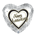Silver heart shaped balloon with Happy Anniversary text anniversary theme from Parte Haus party supply store in Bethesda Maryland