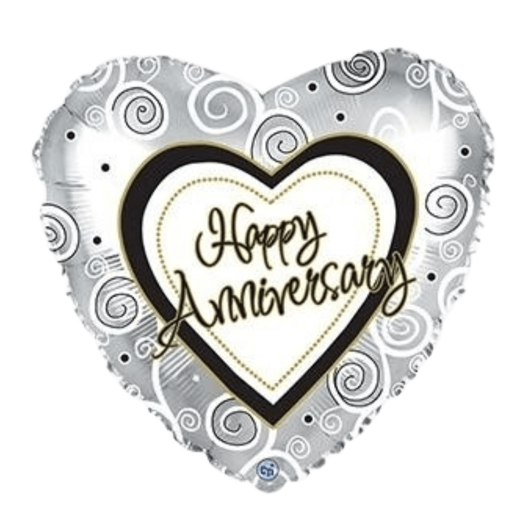 Silver heart shaped balloon with Happy Anniversary text anniversary theme from Parte Haus party supply store in Bethesda Maryland