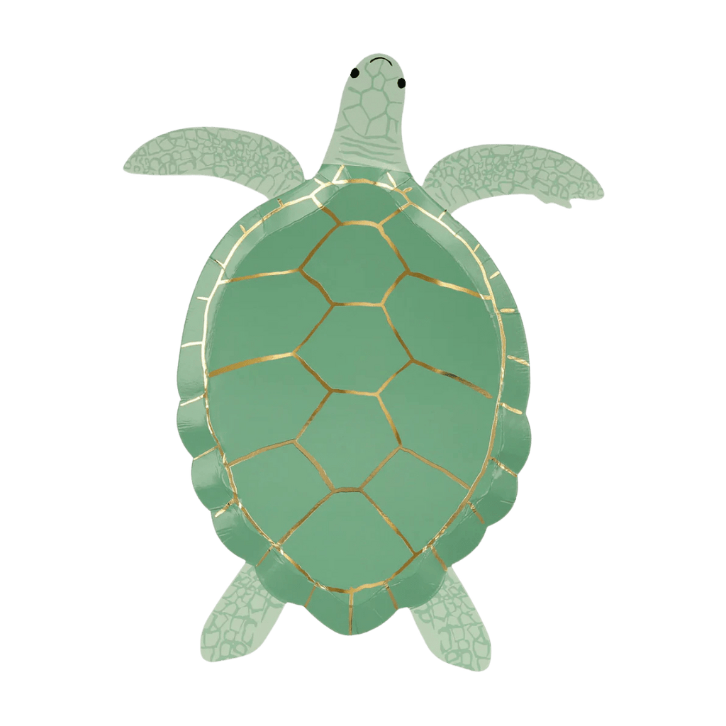 Green turtle shaped decorative plate for ocean theme from Parte Haus party supply store in Bethesda MD