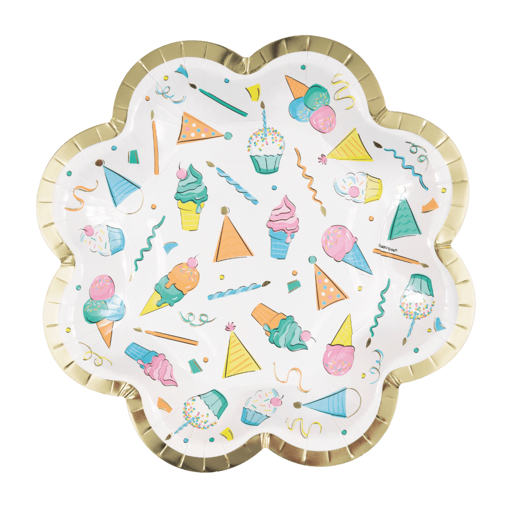 Multicolor scalloped-edge plate with ice cream cones cupcakes and hats birthday theme from Parte Haus party supply store in Bethesda MD