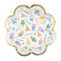 Multicolor scalloped-edge plate with ice cream cones cupcakes and hats birthday theme from Parte Haus party supply store in Bethesda MD