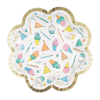 Multicolor scalloped-edge plate with ice cream cones cupcakes and hats birthday theme from Parte Haus party supply store in Bethesda MD