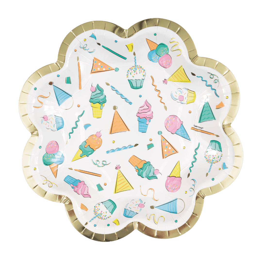 Multicolor scalloped-edge plate with ice cream cones cupcakes and hats birthday theme from Parte Haus party supply store in Bethesda MD